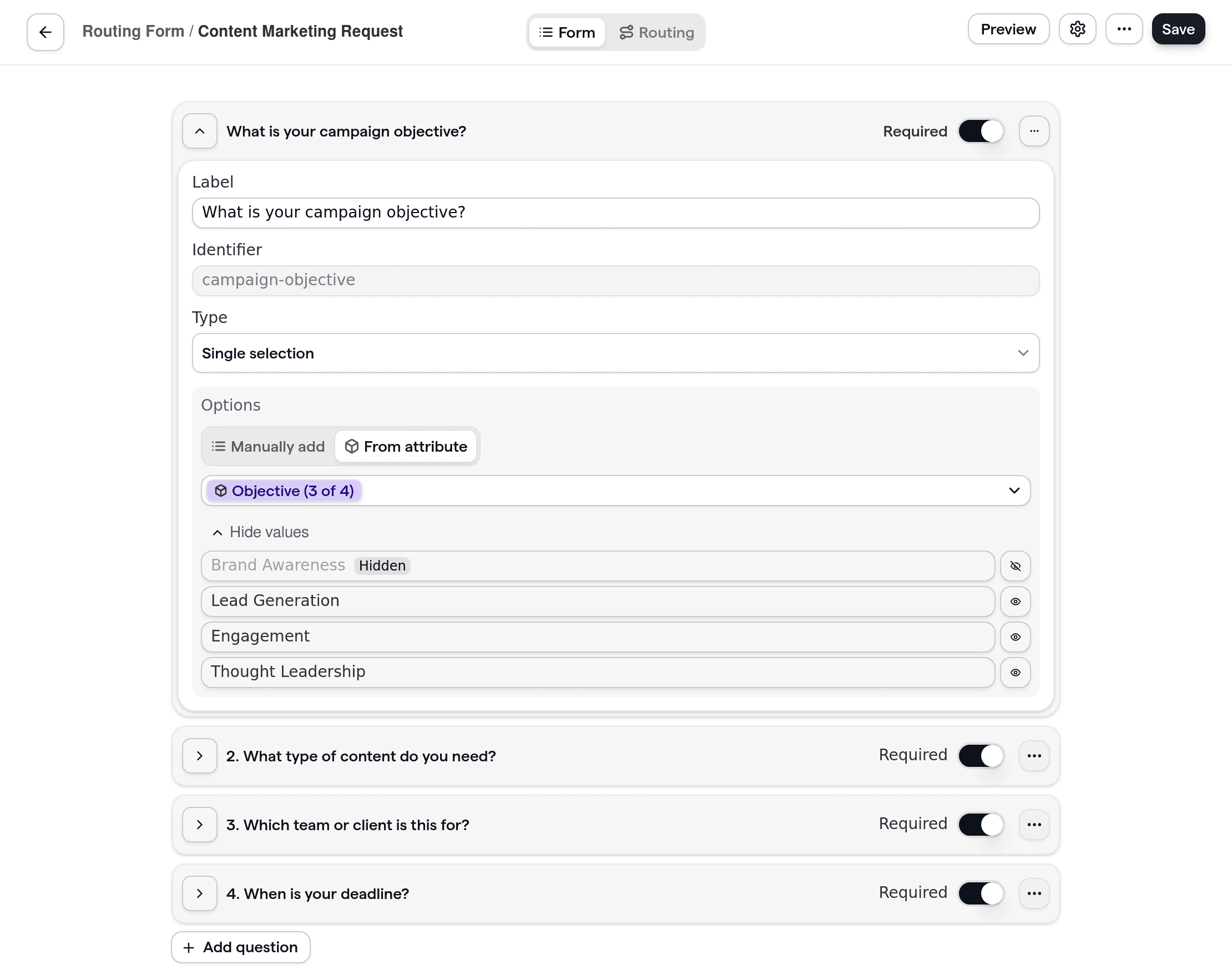Cal.com content marketing routing form with questions tailored for campaign objectives, content type, and deadlines, helping route requests to the right marketing team specialist.