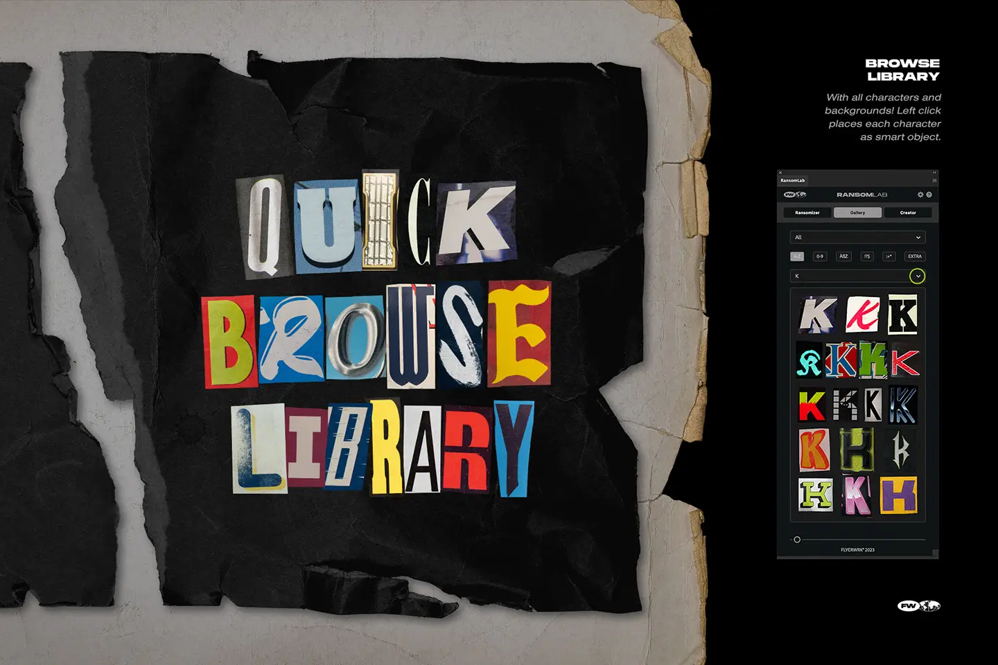 RansomLab quick browse library displaying a wide variety of colorful cut out letter PNG variations