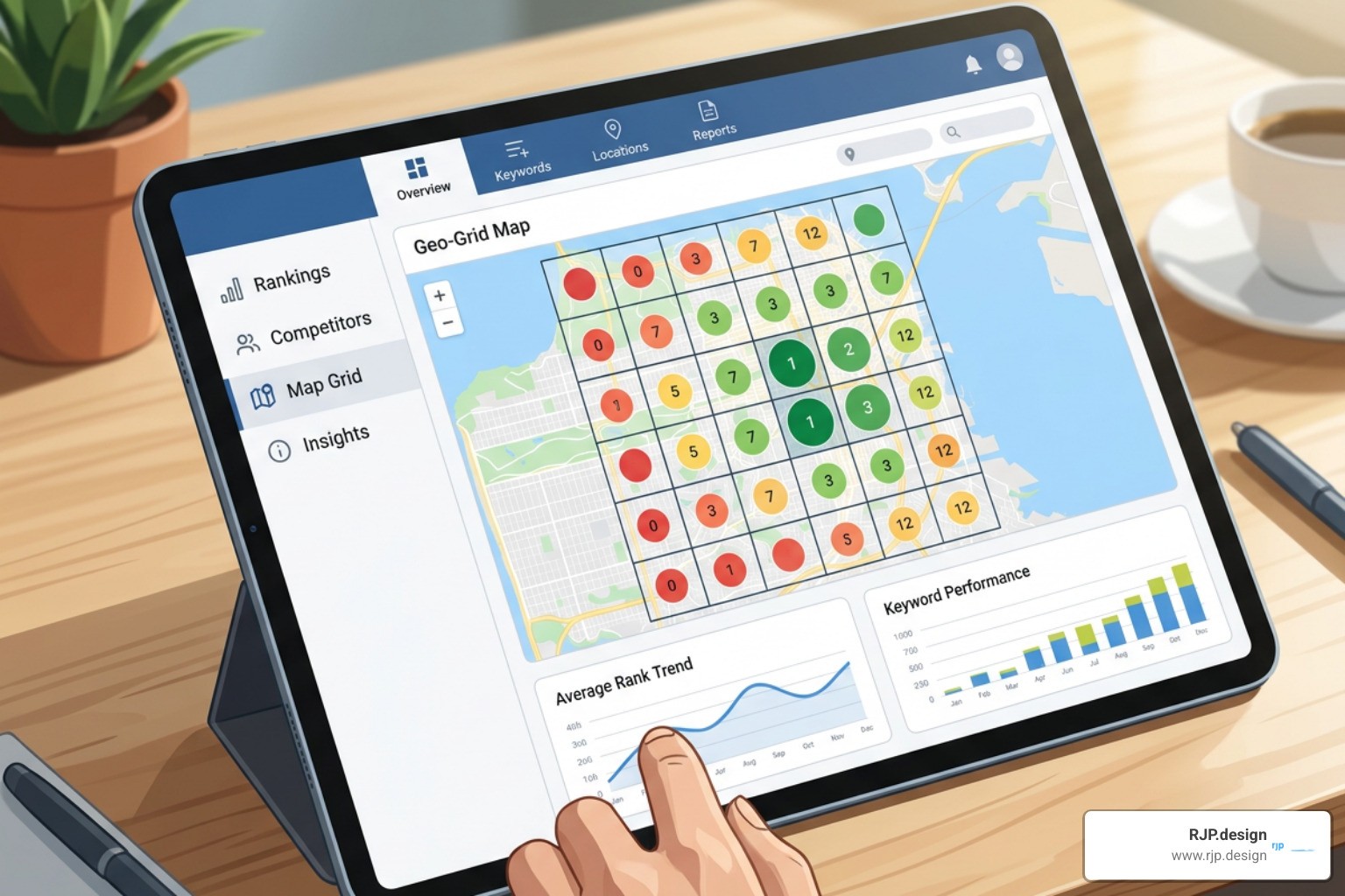 Local SEO tracking dashboard showing geo-grid map visibility