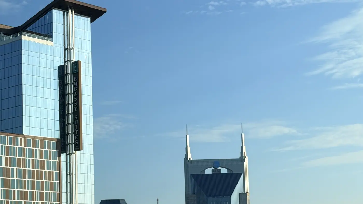 Downtown Nashville skyline with the AT&T tower and Music City Center roof, photographed on site by TERAMOK real estate marketing agency, 19 September 2026