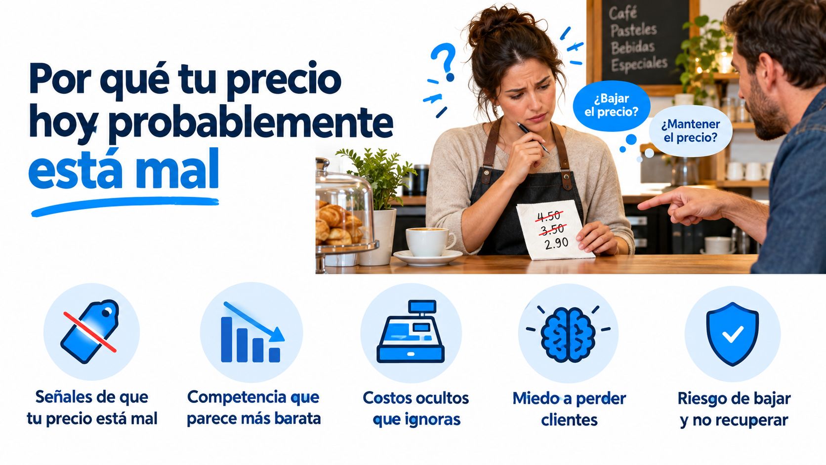 Una mujer preocupada en una cafetería dudando sobre el precio de sus productos frente a un cliente.