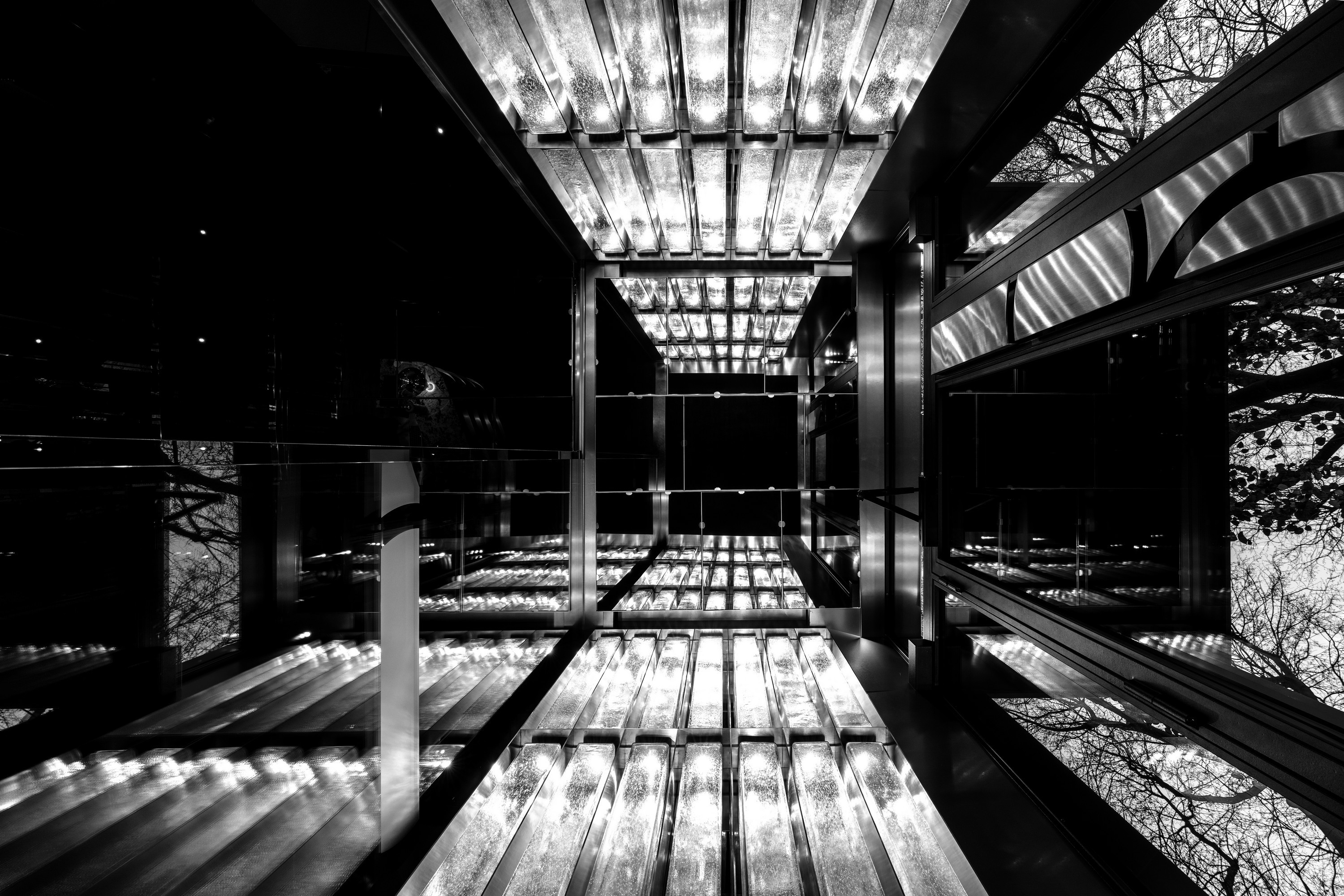 blue and white building across sky