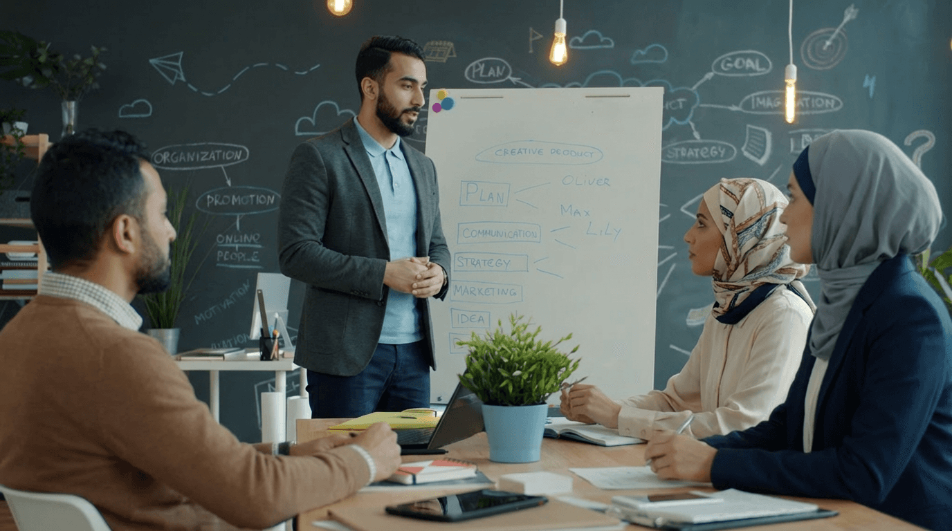 A professional Muslim marketing strategist presenting a creative Halal campaign roadmap to his team of modest web designers and creators in our modern agency office.