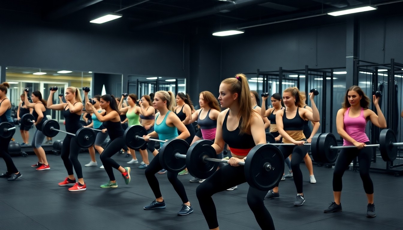 Group fitness class lifting weights together.