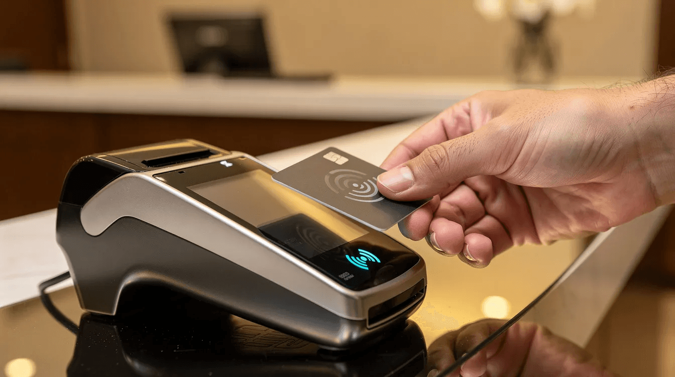A hand is tapping a contactless payment terminal at a reception desk, illustrating a seamless checkout flow that enhances the customer experience. This interaction reflects the integration of modern payment infrastructure, allowing for more transactions with minimal checkout friction.