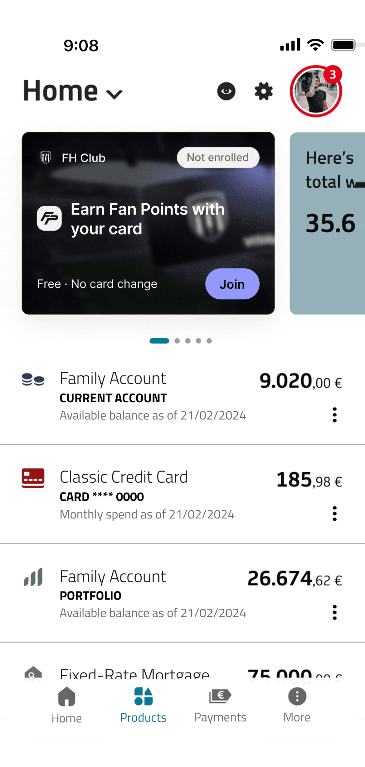 Illustrative bank app home with a club card offer