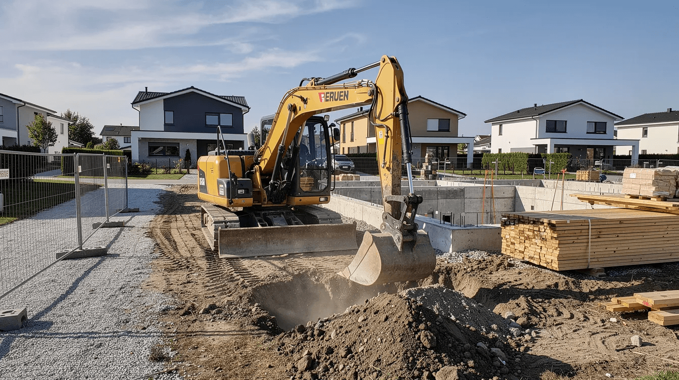A yellow excavator is actively working on a residential building site, surrounded by piles of dirt and construction materials. This heavy machinery plays a crucial role in the development of business assets, potentially financed through options like a chattel mortgage or equipment loan.