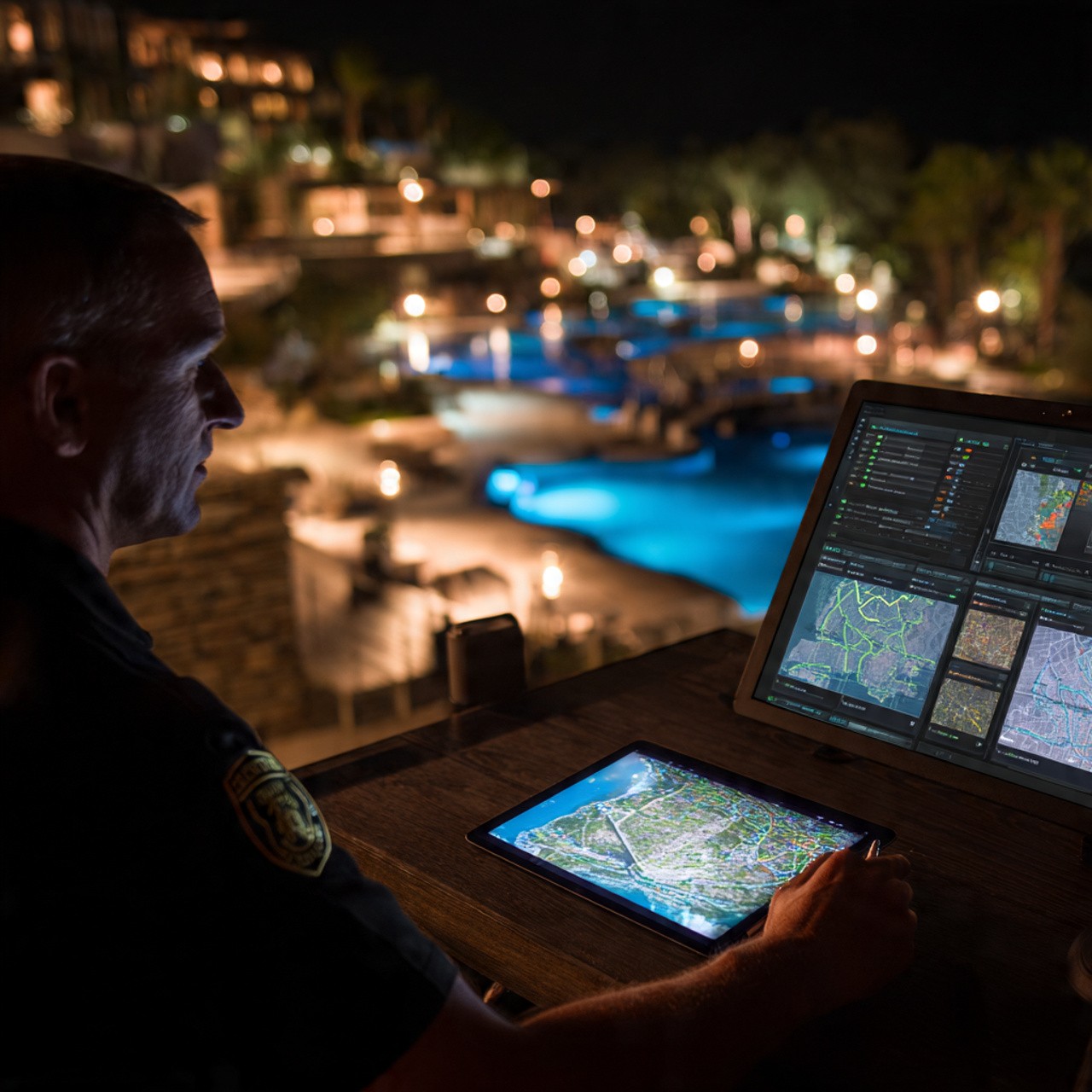 Man using Tyros® mobile app to monitor security officer path tracking during patrol