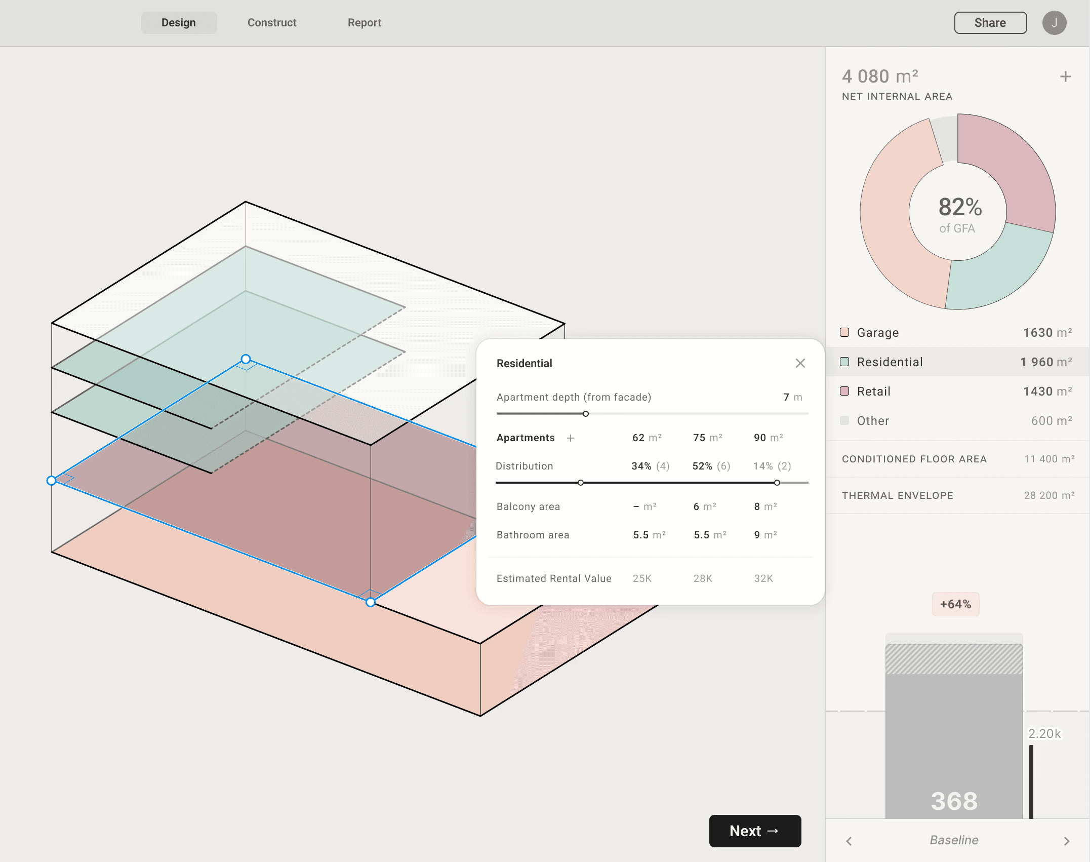 Geometri-/designvy där byggnadsvolym och mängder uppdateras direkt när man justerar form och våningar.