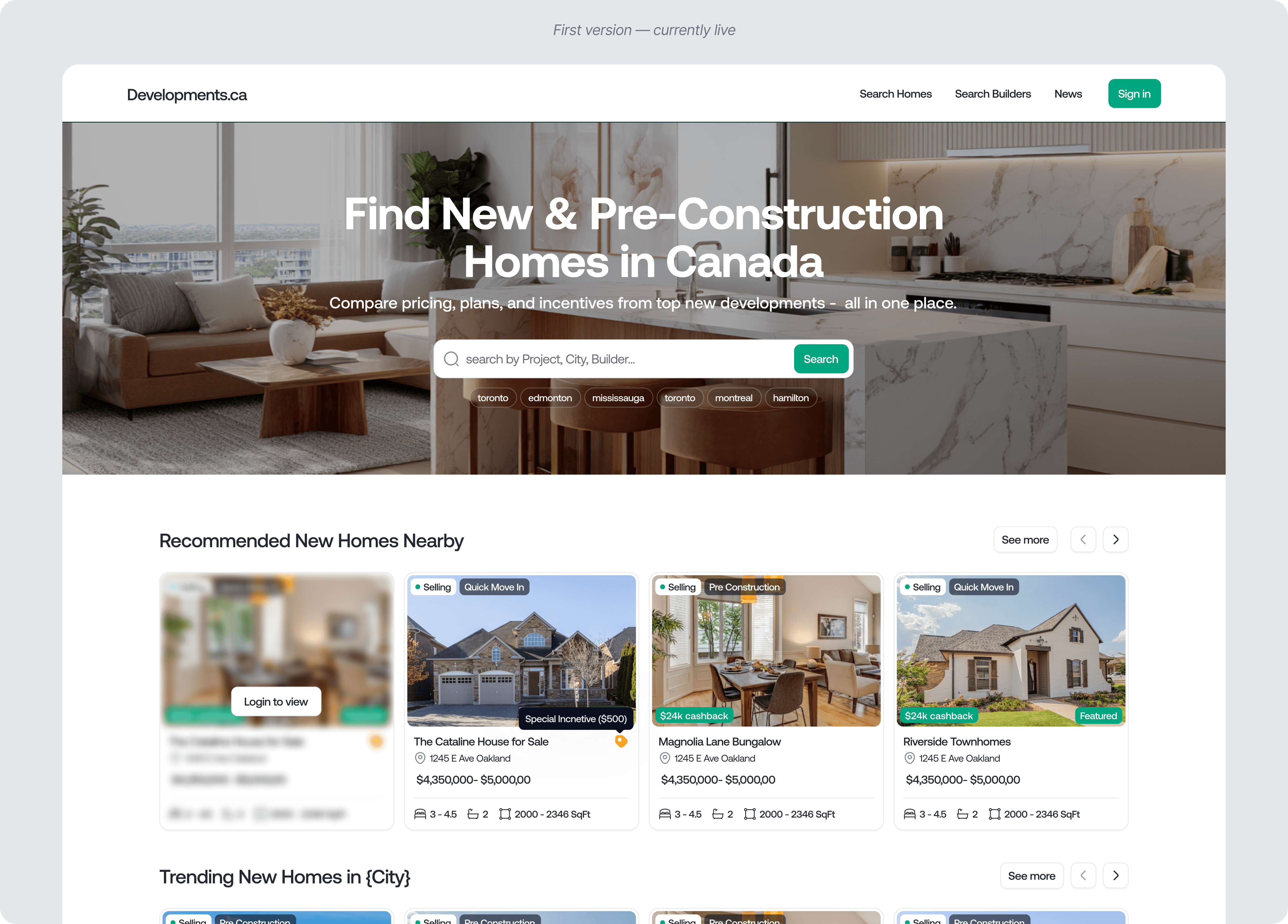 Homepage of Developments.ca showcasing new and pre-construction homes in Canada with hero search bar, featured listings, recommended homes, and promotional incentives.