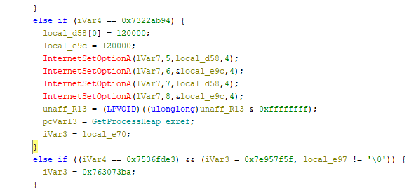 Ein Ausschnitt aus einem Computercode mit bedingten Anweisungen und Funktionsaufrufen. Er enthält Variablen, Einstellungen für Internet-Optionen und die Behandlung von Speicheradressen, wobei Teile zur besseren Sichtbarkeit rot und grün hervorgehoben sind.