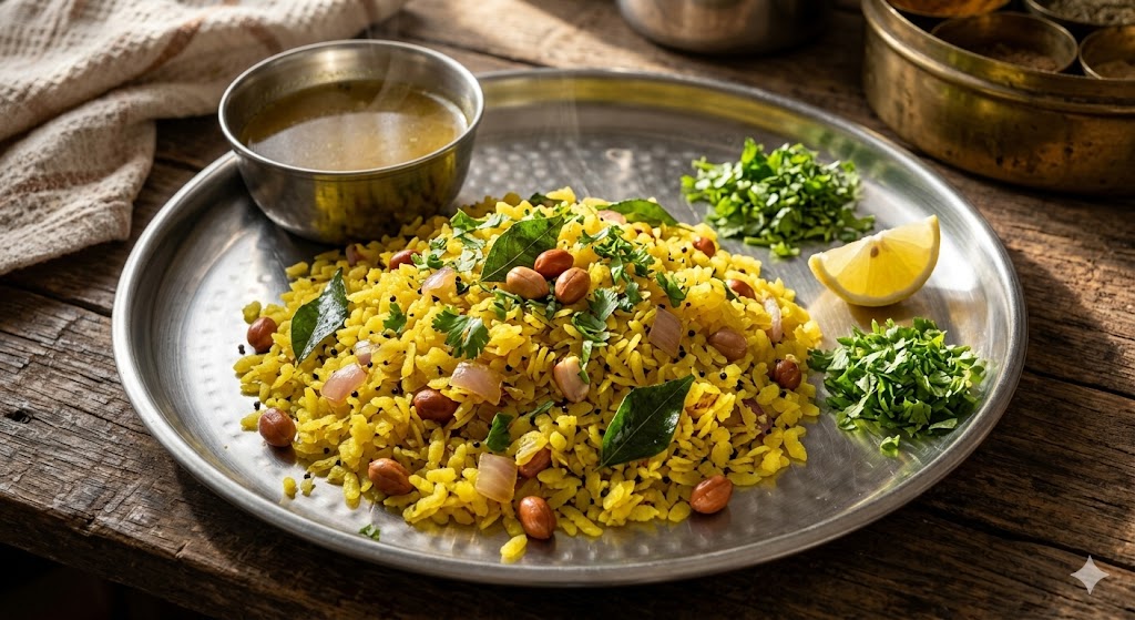 A close-up shot of a plate of Indian Kanda Poha, a savory breakfast dish made with flattened rice, onions, peanuts, and curry leaves, garnished with fresh cilantro and a lemon wedge. A small bowl of chutney and a cloth are in the background.