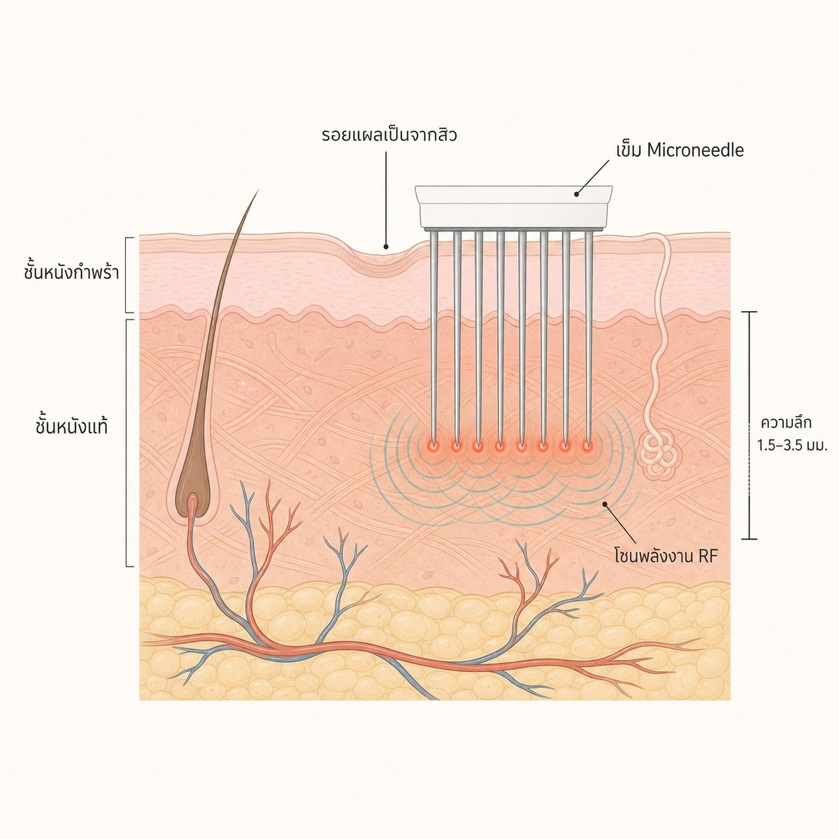 ภาพแสดงการทำงานของ Secret RF เข็มเจาะผ่านผิวหนังส่งพลังงาน RF ไปยัง Dermis กระตุ้นคอลลาเจนรอบรอยแผลเป็น