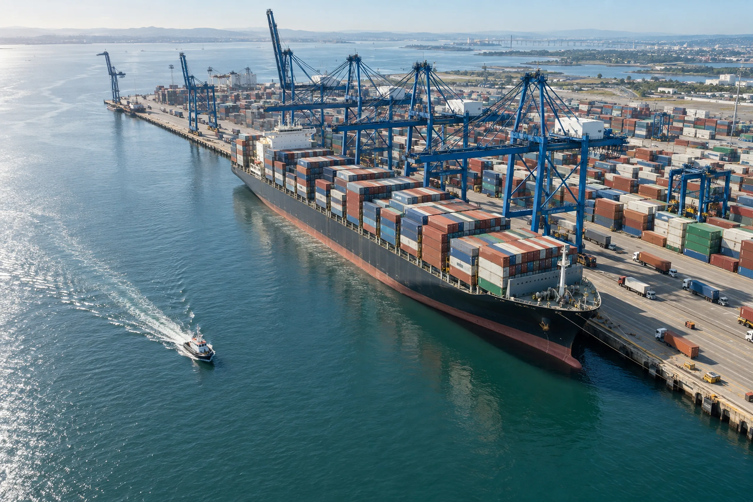 Container ship working cargo under the cranes at Felixstowe