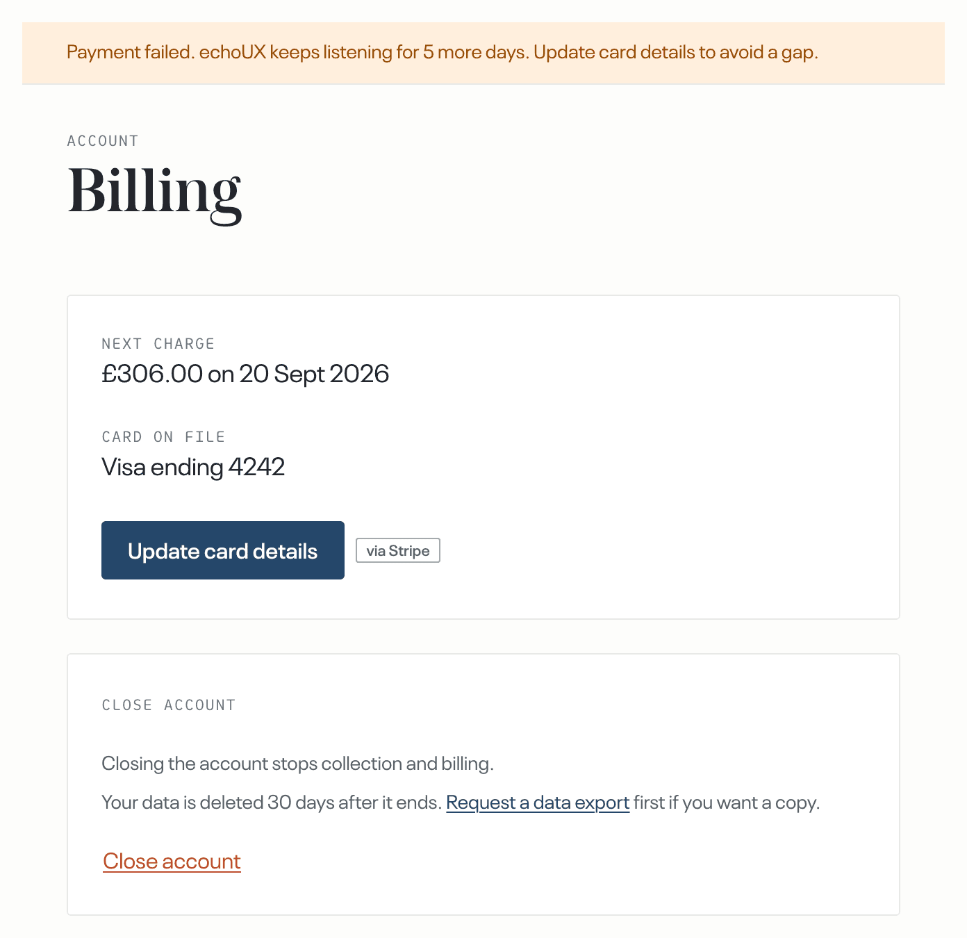 Billing, demo account with a failed payment · Card on file, with Update card details and the via Stripe badge beside it