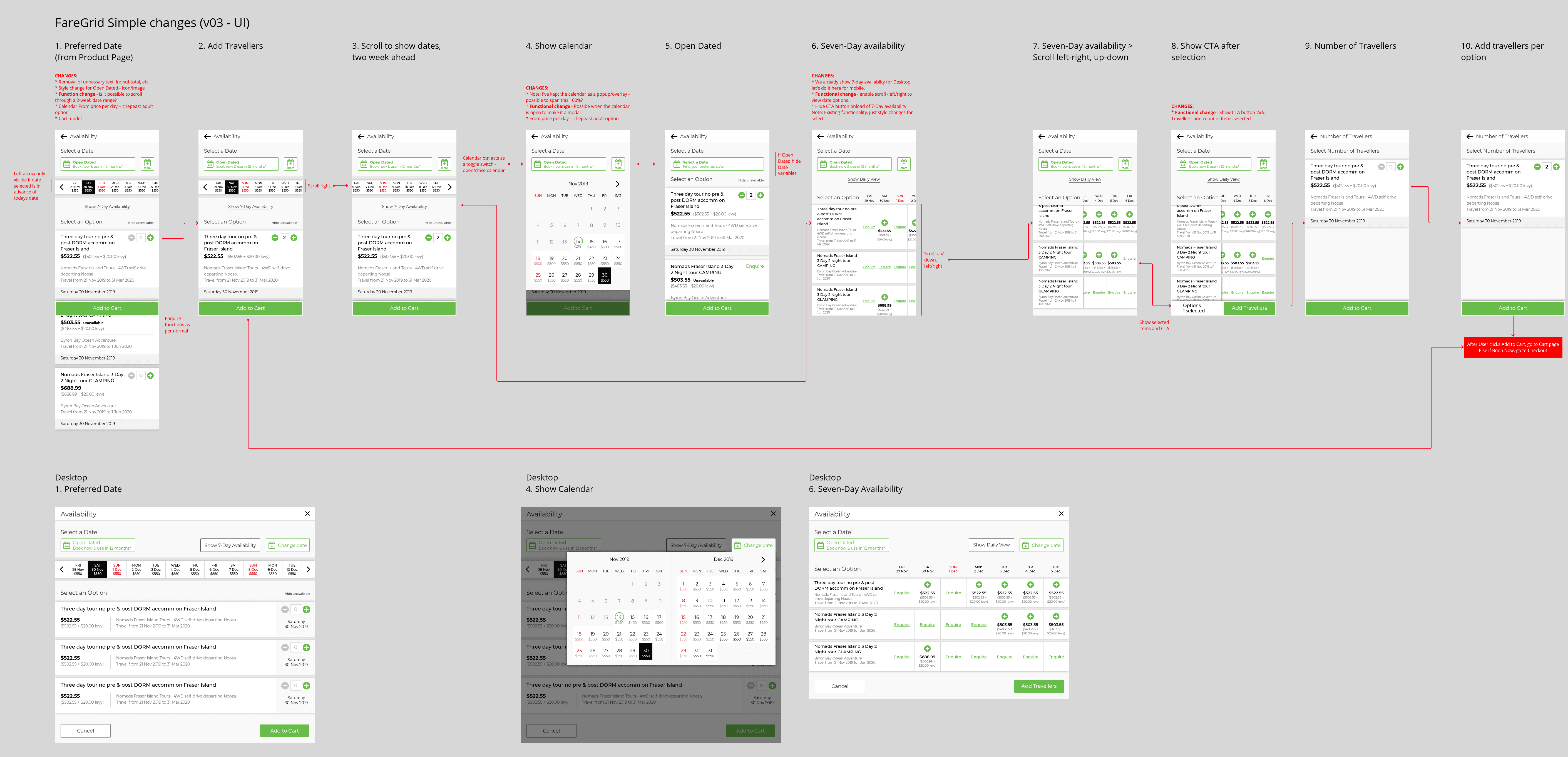Annotated FareGrid Simple v03 UI board, the final iteration of the booking flow redesign with design notes