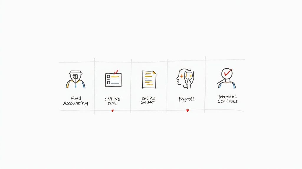 Hand-drawn icons illustrating financial management functions: Fund Accounting, Online Forms, Online Giving, Payroll, Internal Controls.