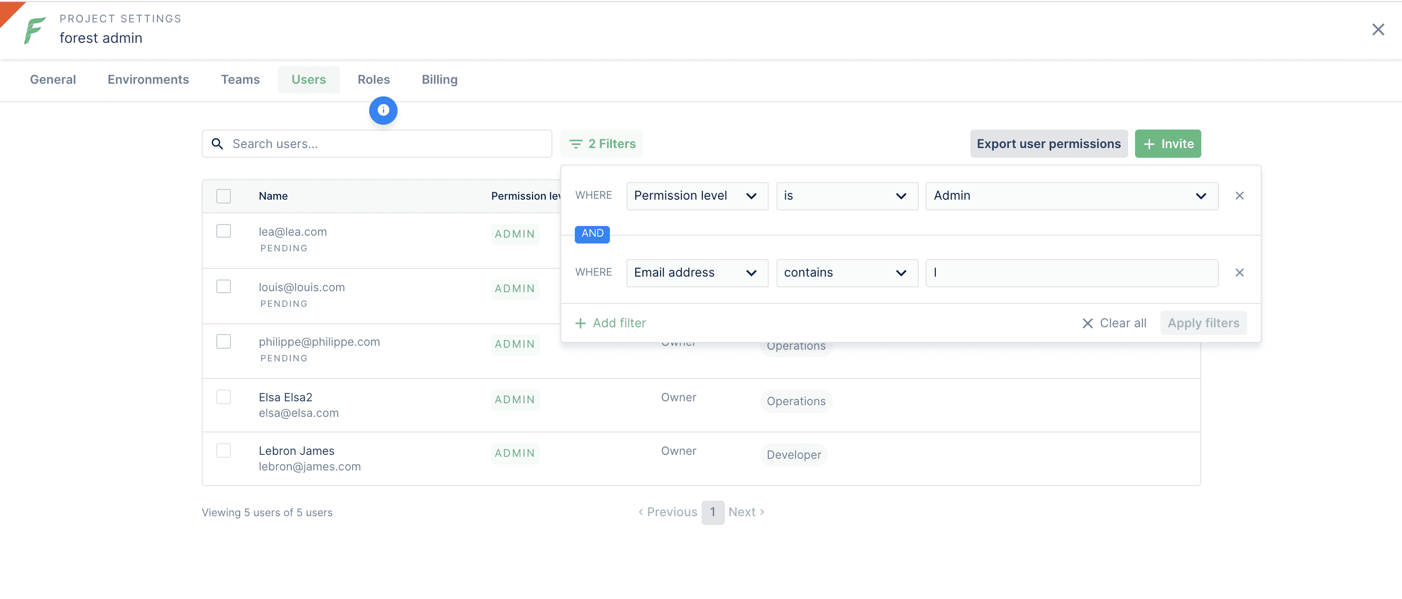 The Forest Admin Users settings panel.