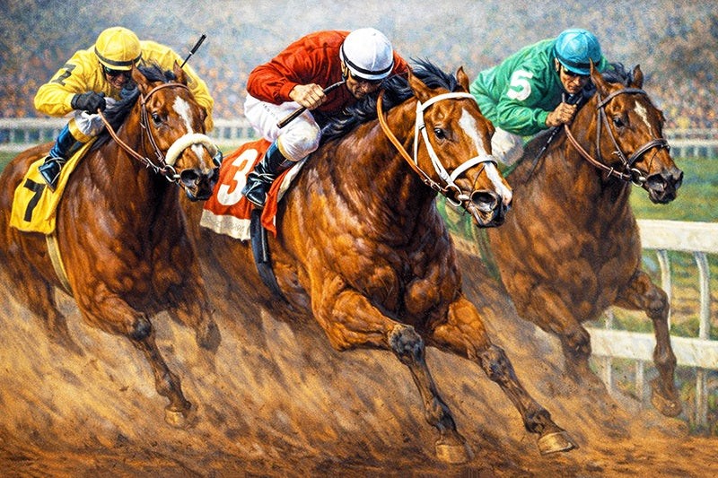 Two racehorses sprinting in the homestretch near the finish pole, dirt flying as jockeys push for the win