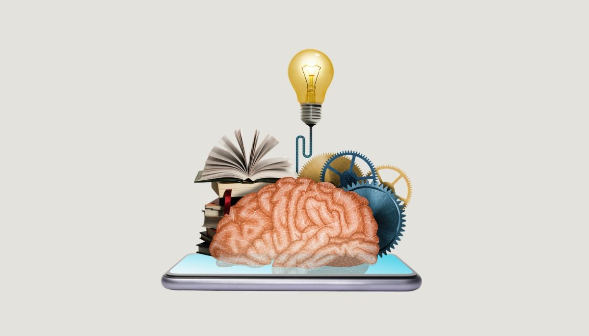 Illustration of brain, books, and gears with light bulb on smartphone, representing Claude AI data training concerns.