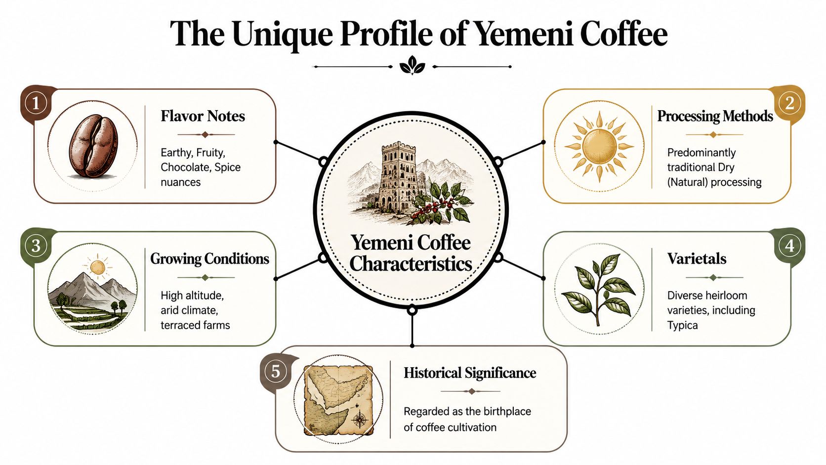 An infographic detailing the unique profile, history, and growing conditions of Yemeni coffee in five sections.