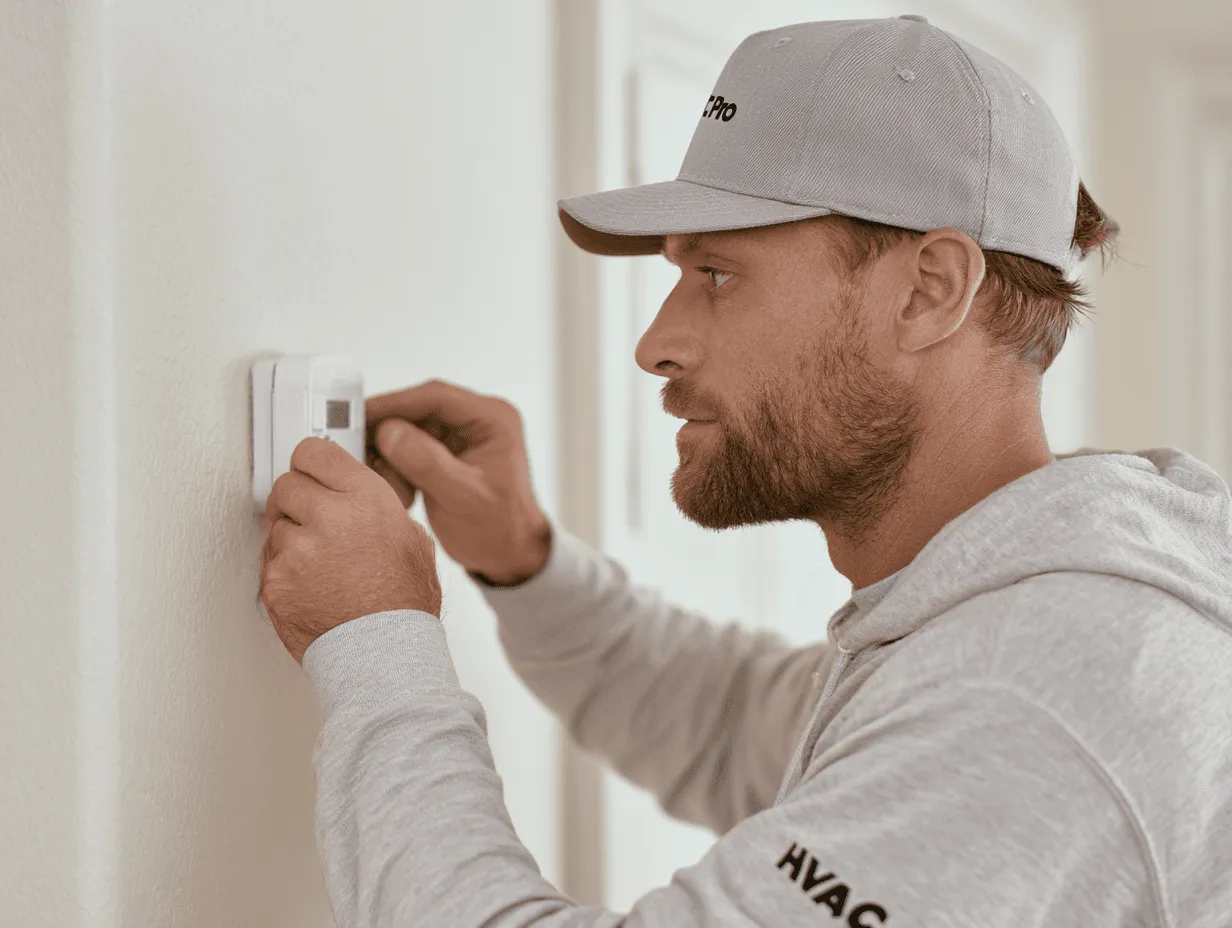 HVAC tech installing thermostat