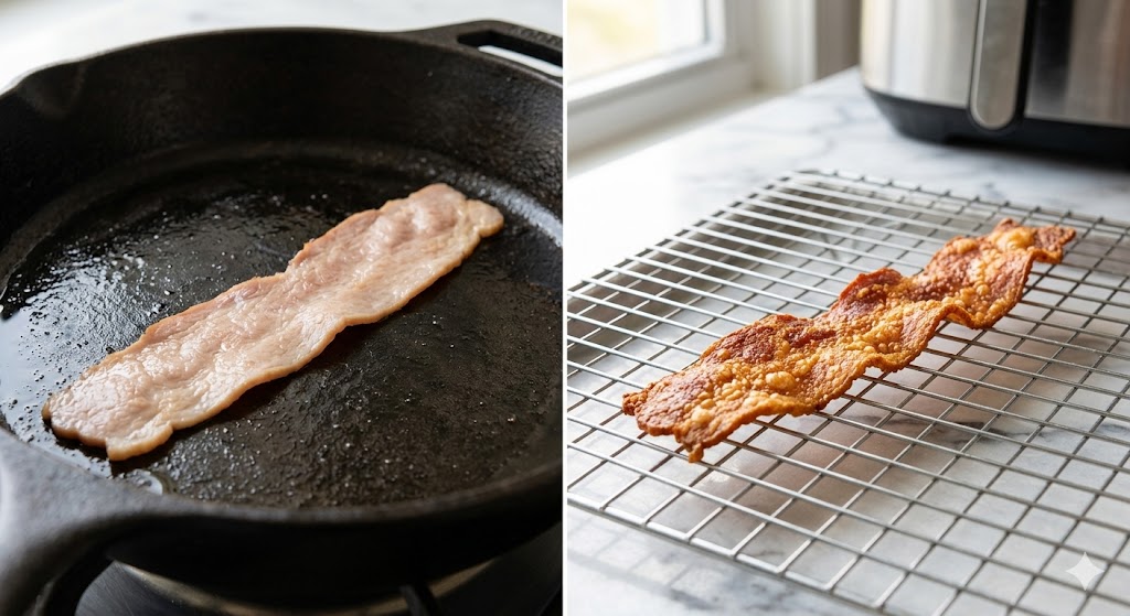 Side-by-side comparison of a strip of pale, limp pan-fried turkey bacon in a skillet versus a wavy, deeply golden-brown, crispy strip of air-fried turkey bacon on a wire rack.