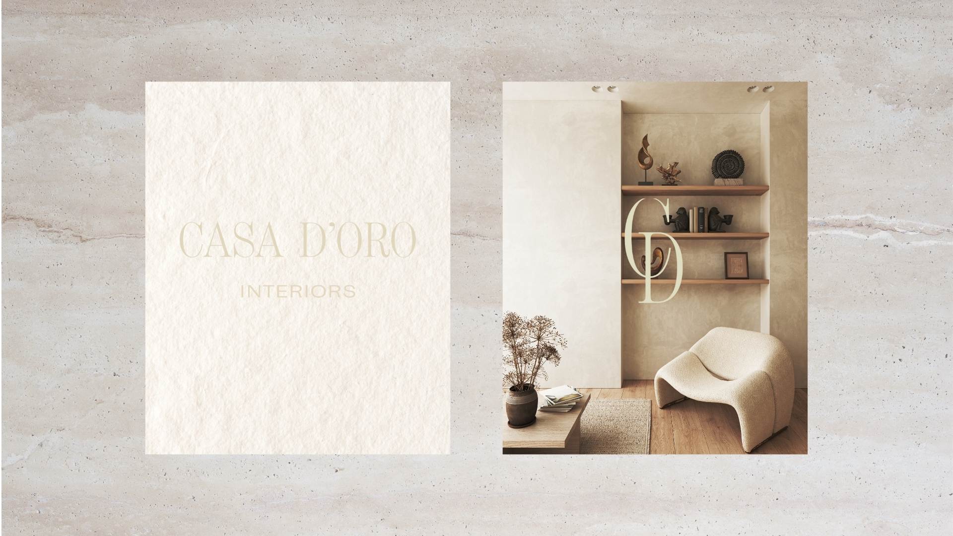 Casa D’Oro minimalist brand card paired with a neutral-toned interior vignette with Logo