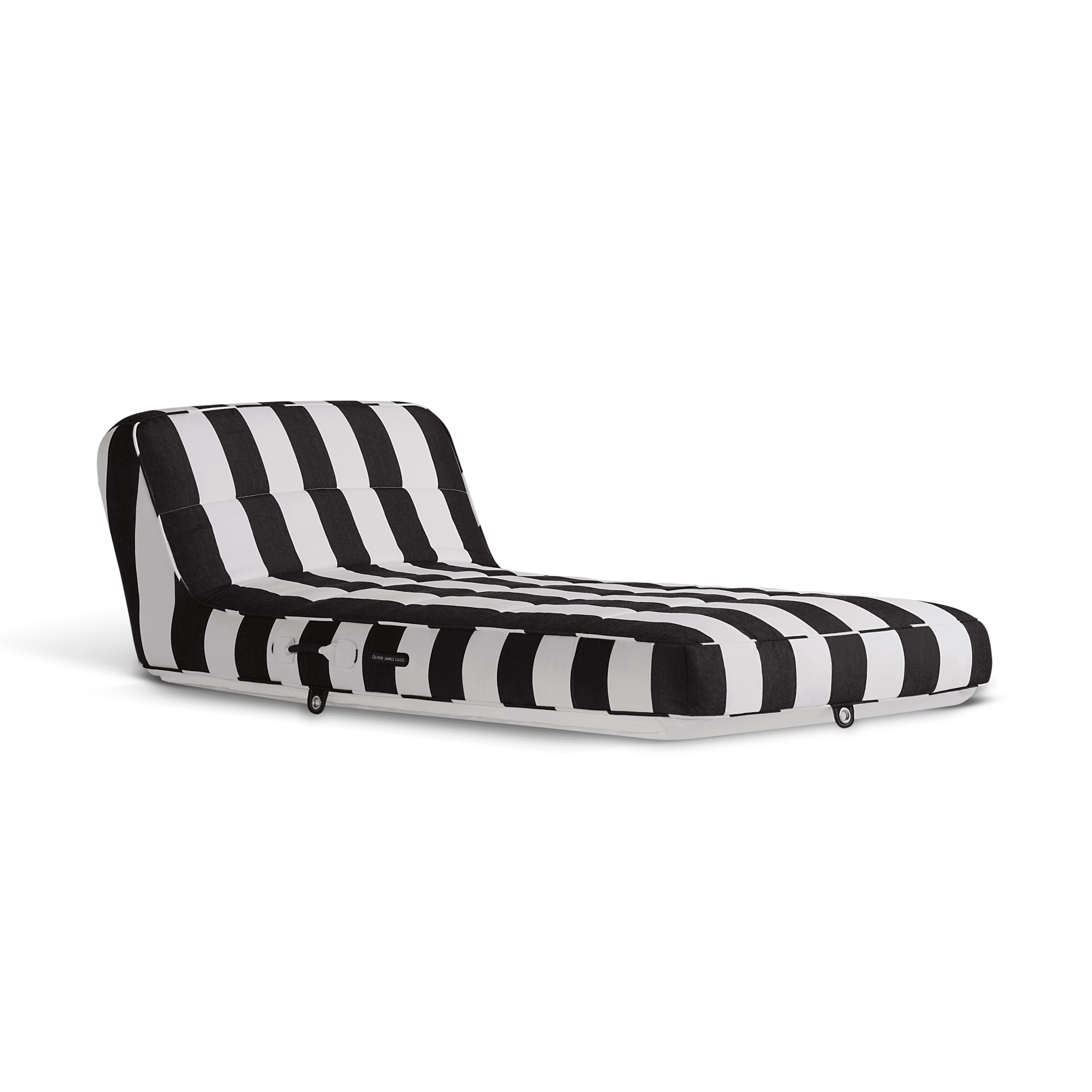 Luxury single pool float in black-and-white stripe canvas with progressive shading and matte white base