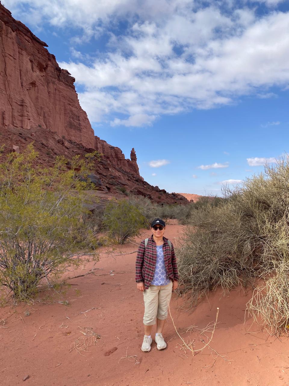 Mujer sentada sobre un tronco frente a una cascada doble en un bosque frondoso de Argentina.