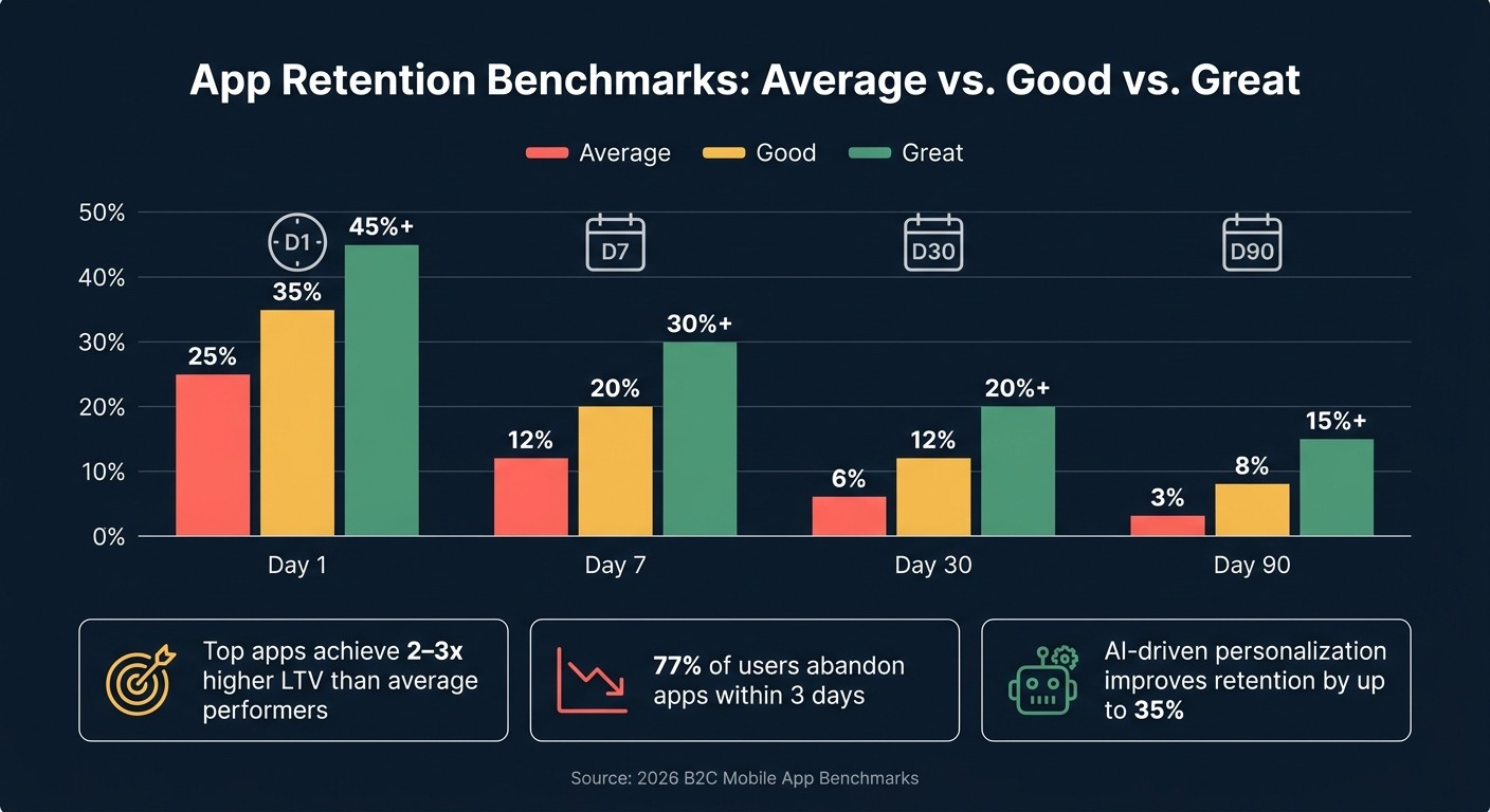 App Retention Benchmarks: Average vs. Good vs. Great