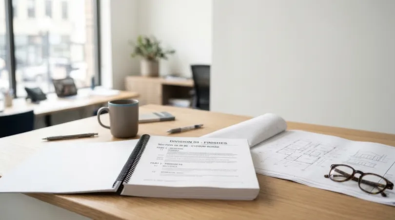 Project manual open on a desk in an office.
