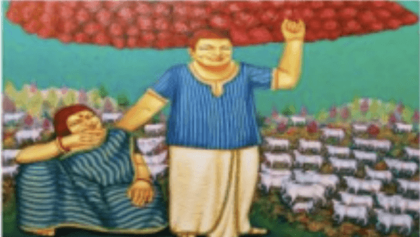 herd of sheep on road painting