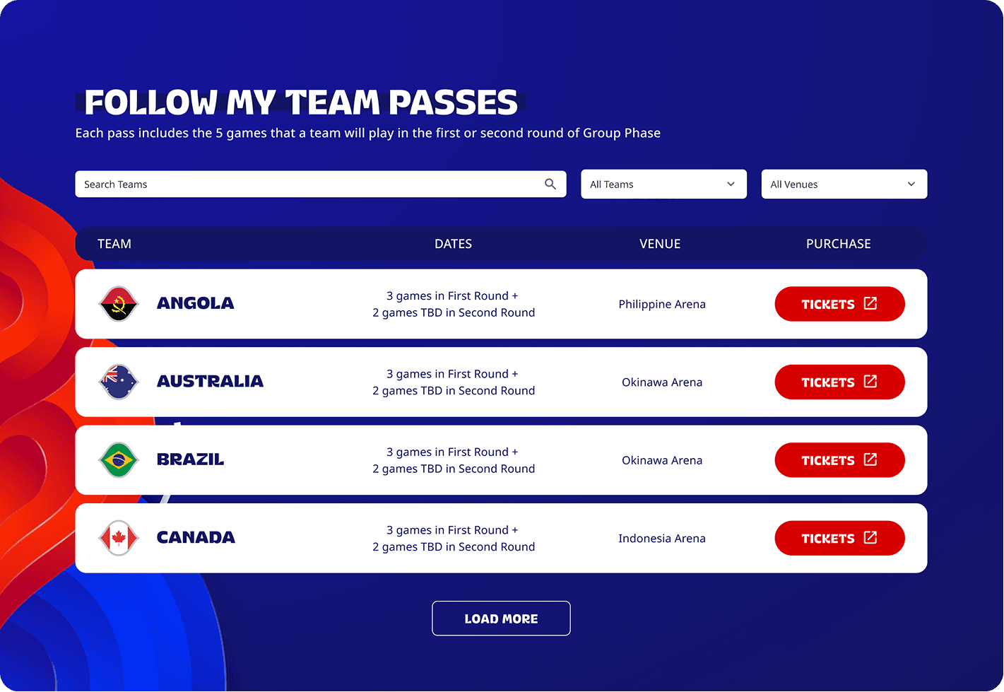 Screenshot of 'Follow My Team Passes" page