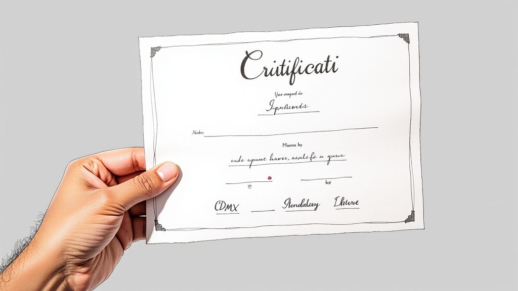 Una mano sostiene un certificado blanco con el título 'Critificati', texto manuscrito y firmas. Borde decorado.