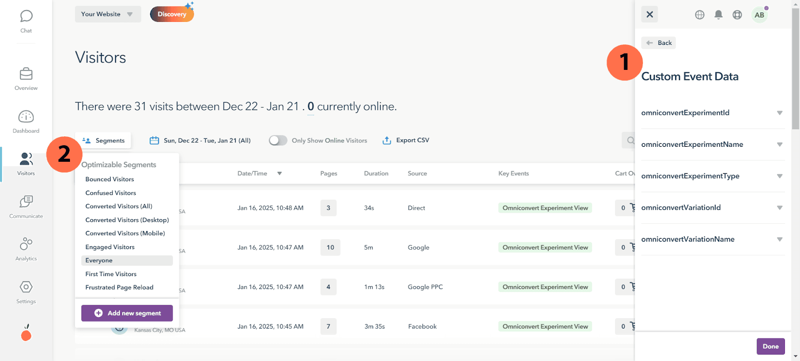 Screenshot of Lucky Orange's visitor dashboard.