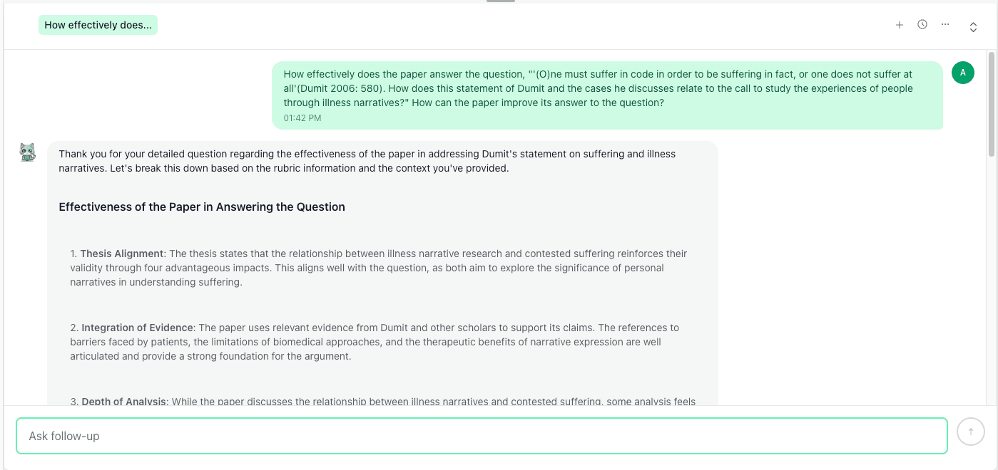 Screenshot of thesify chat showing structured feedback on how effectively a paper answers a question about Dumit’s statement on illness narratives and contested suffering.