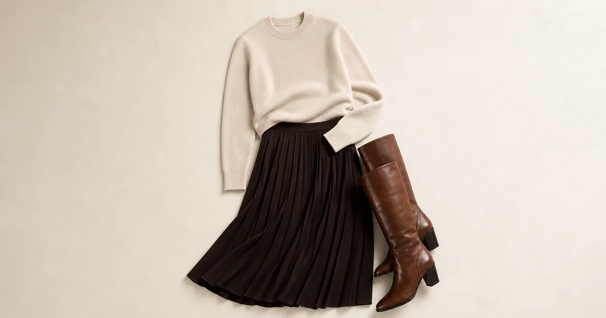 fine crewneck + pleated skirt + knee boots arranged on a warm ivory background