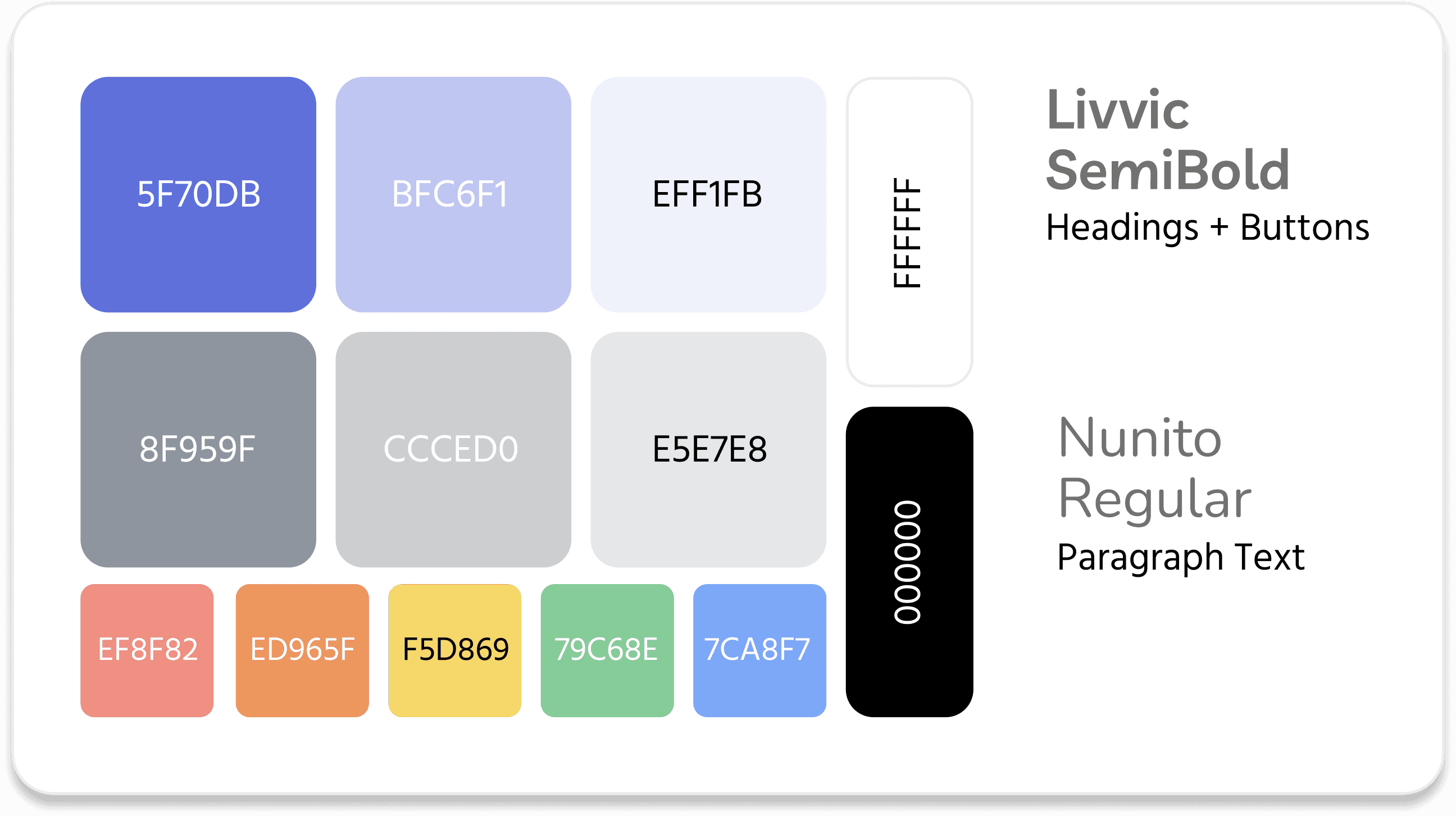 style guide of all the colors in the app.  a cool blue and gray are used for the most part and there is black, white, and rainbow color used too. The font livvic is used for headings and buttons and nunito is used for body text