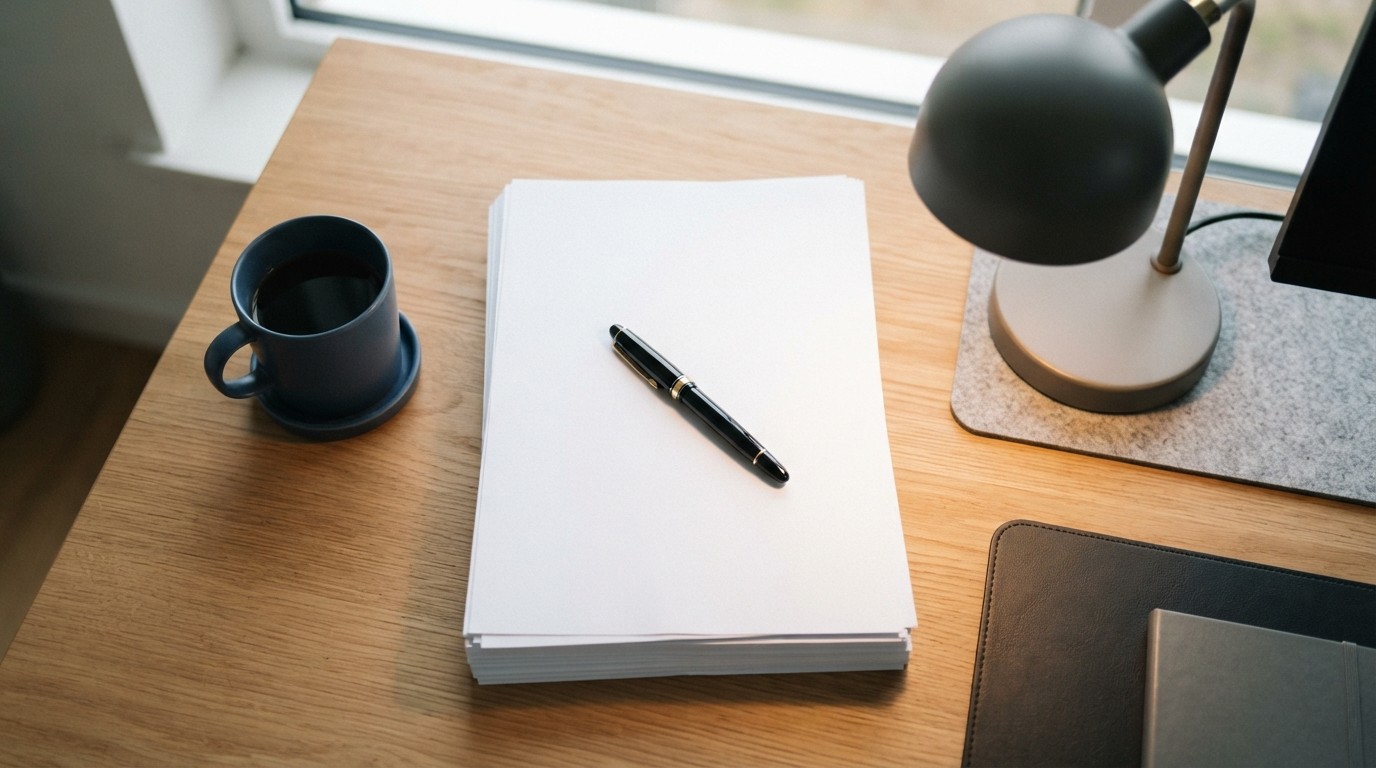A neat workspace with a pen on paper and a blue mug