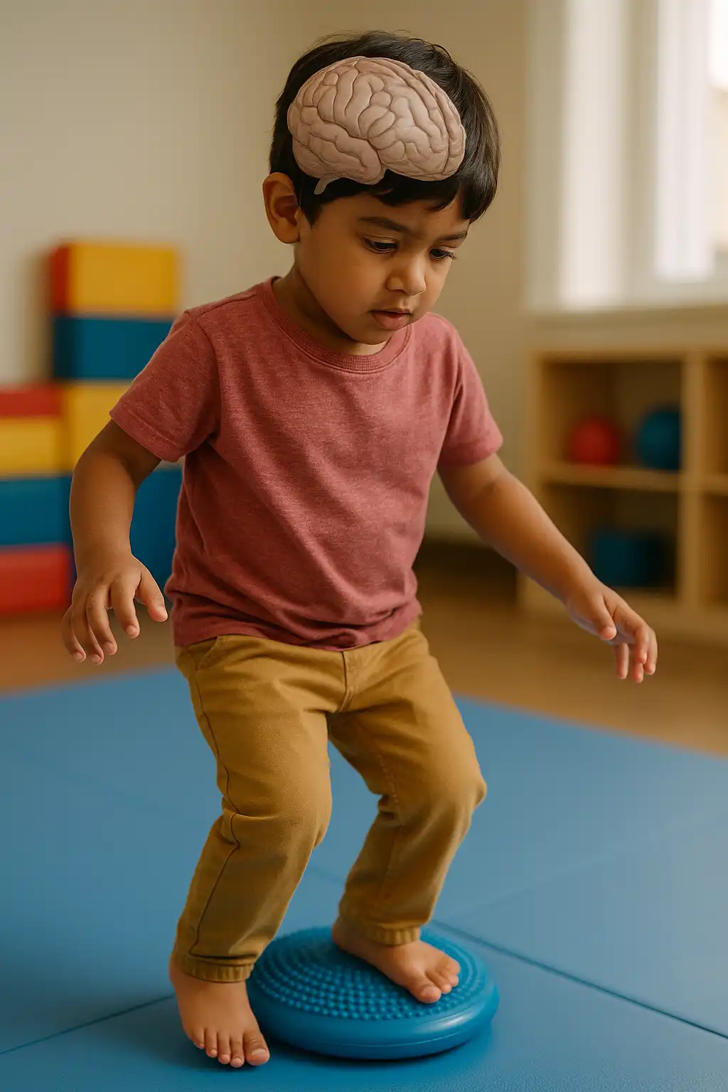 Child displaying sensory and motor challenges associated with autism spectrum disorder during movement activity.