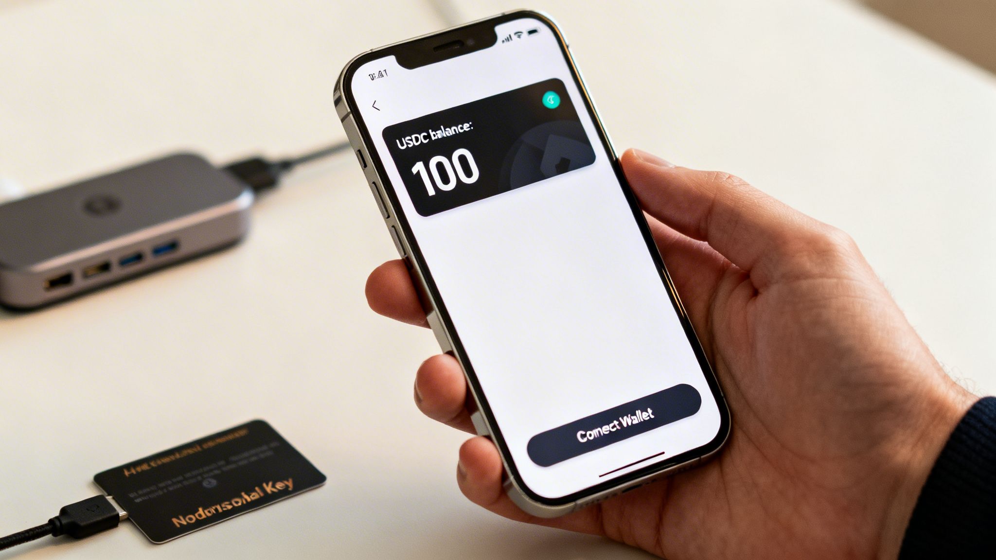 A hand holds a smartphone displaying a crypto wallet app with