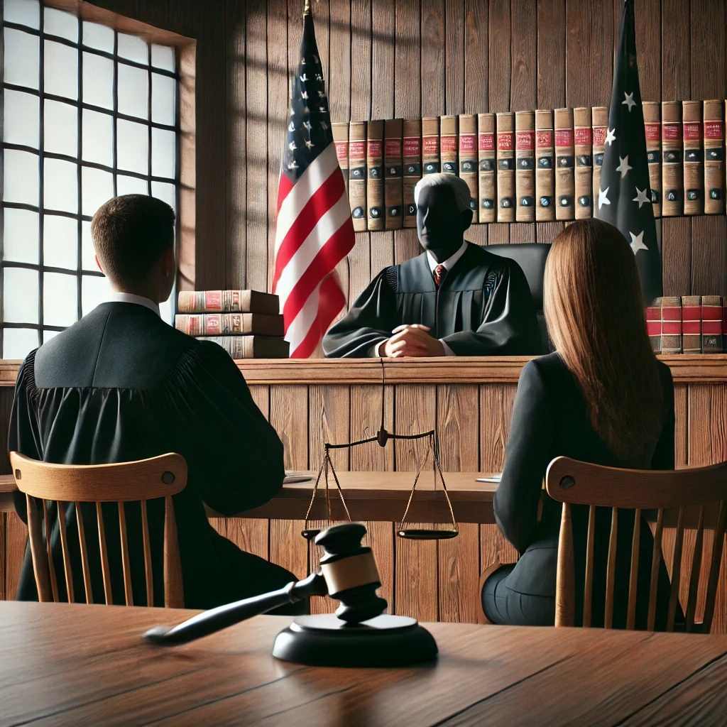 An immigration judge presiding over a court hearing, with a lawyer and a person facing deportation seated at a desk.