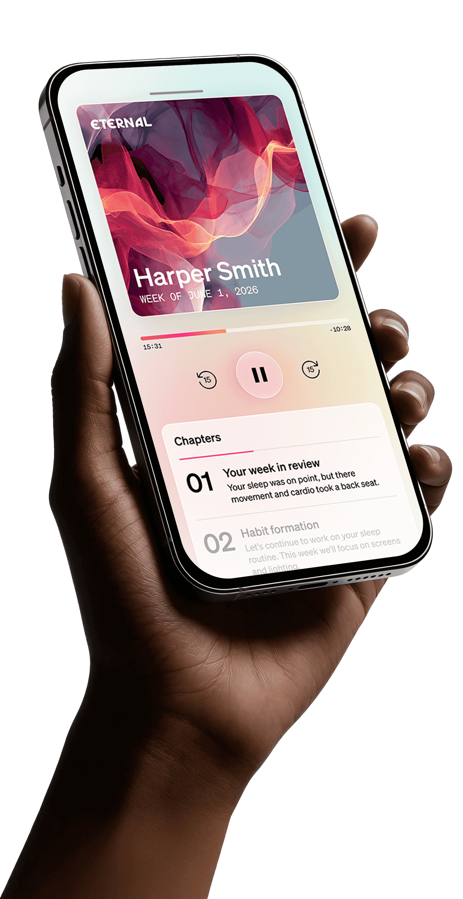 Eternal app interface showing personalized health dashboard on iPhone