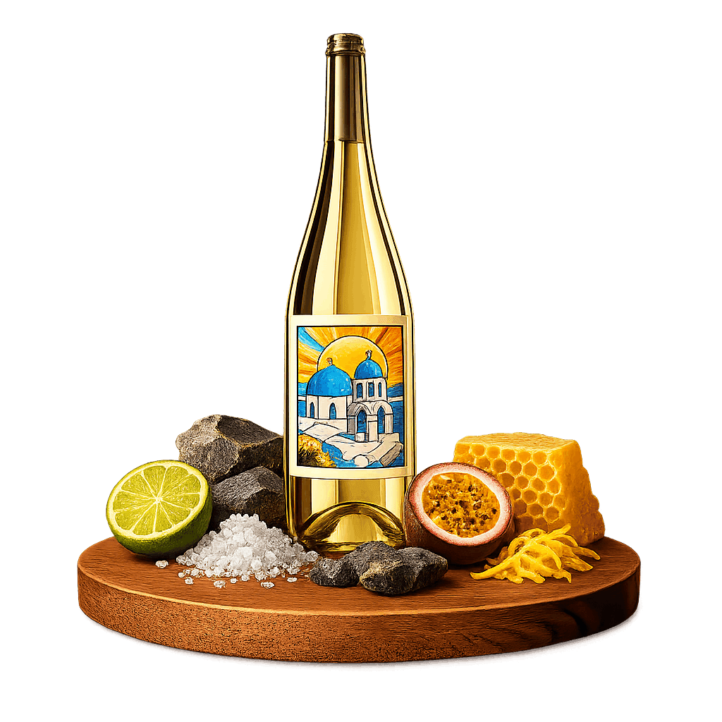 Artistic label and flavor profile for Greek Assyrtiko on a rustic wooden table.