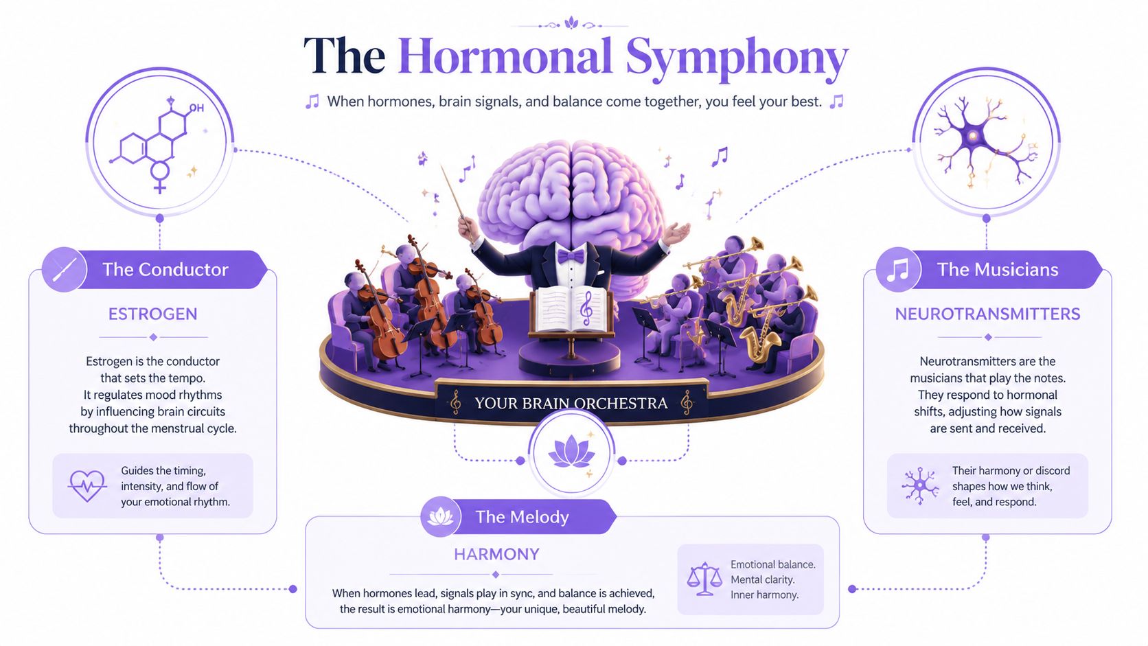 An infographic titled The Hormonal Symphony showing a brain conducting an orchestra to illustrate hormonal balance.