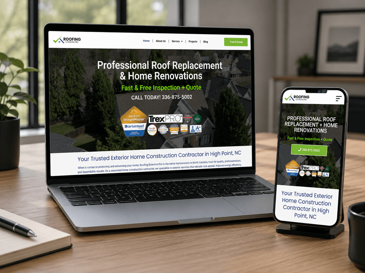 Roofing Exteriors Pro WordPress website mockup shown on a laptop and smartphone for a roofing and exterior home services website project