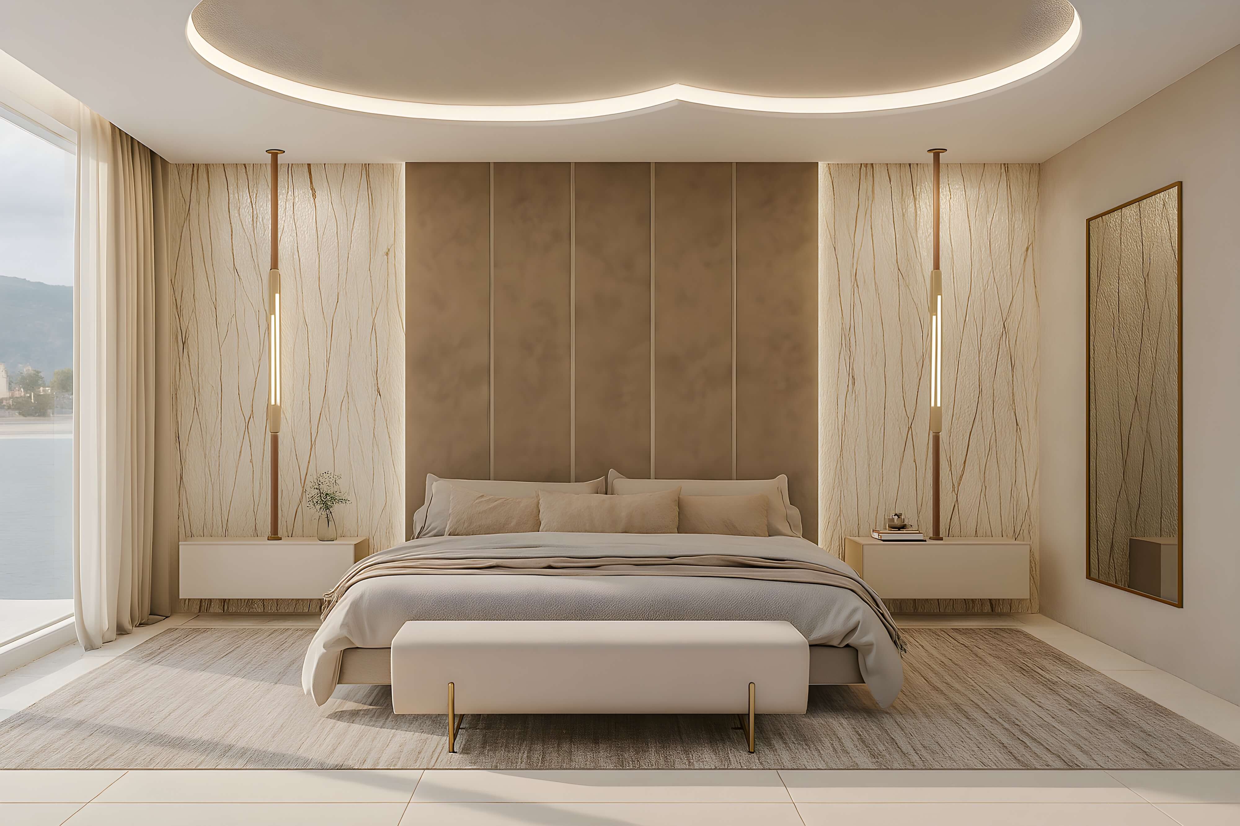 Contemporary bedroom featuring a plush king-size bed with neutral bedding, textured accent wall panels, floating nightstands with vertical pendant lighting, and a large window overlooking serene water views.