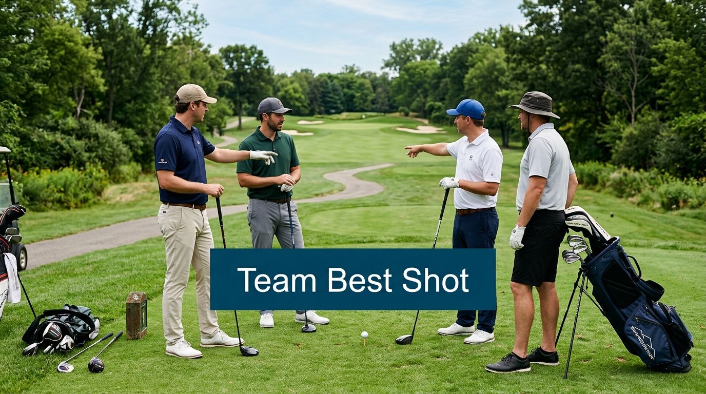 Four men standing on a lush golf course planning their next move in a golf game.