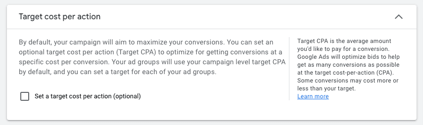 YouTube ads target cost per action settings